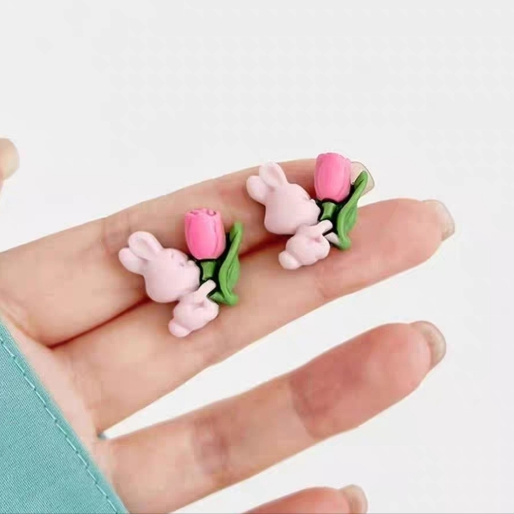 Charming Bunny & Tulip Stud Earrings Curated Spring/Easter Style